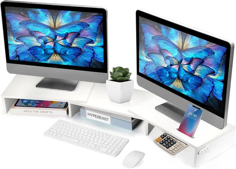 La Jaco Dual Monitor Stand Riser for 2 Monitors, Monitor Stand for Desk, Adjustable Length & Swivel Angle Wooden Desktop Organizer Stand Riser with Smartphone Holder for PC Monitor Laptop, White - Image 1